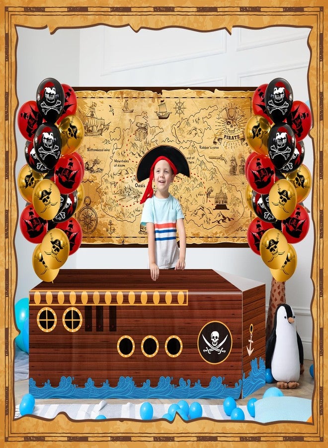 Jiytivity 21 Pcs Pirate Party Decorations Include 43" x 70" Pirate Treasure Map Backdrop 1 Pirate Party Tablecloth 1 Cardboard Pirate Ship 18 Black Red Golden Balloons for Carnival Birthday - Image 5